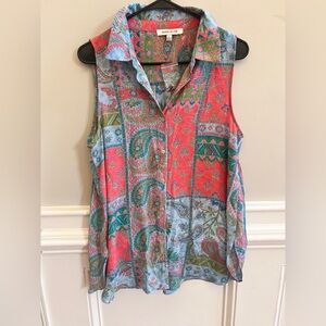 Rose + Olive Pink & Blue Sleeveless Button-Down Blouse | Size L | NWOT